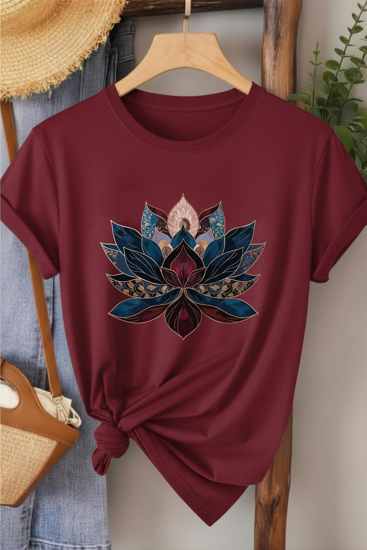 Lotus - Bordo Baskılı Pamuk T-shirt