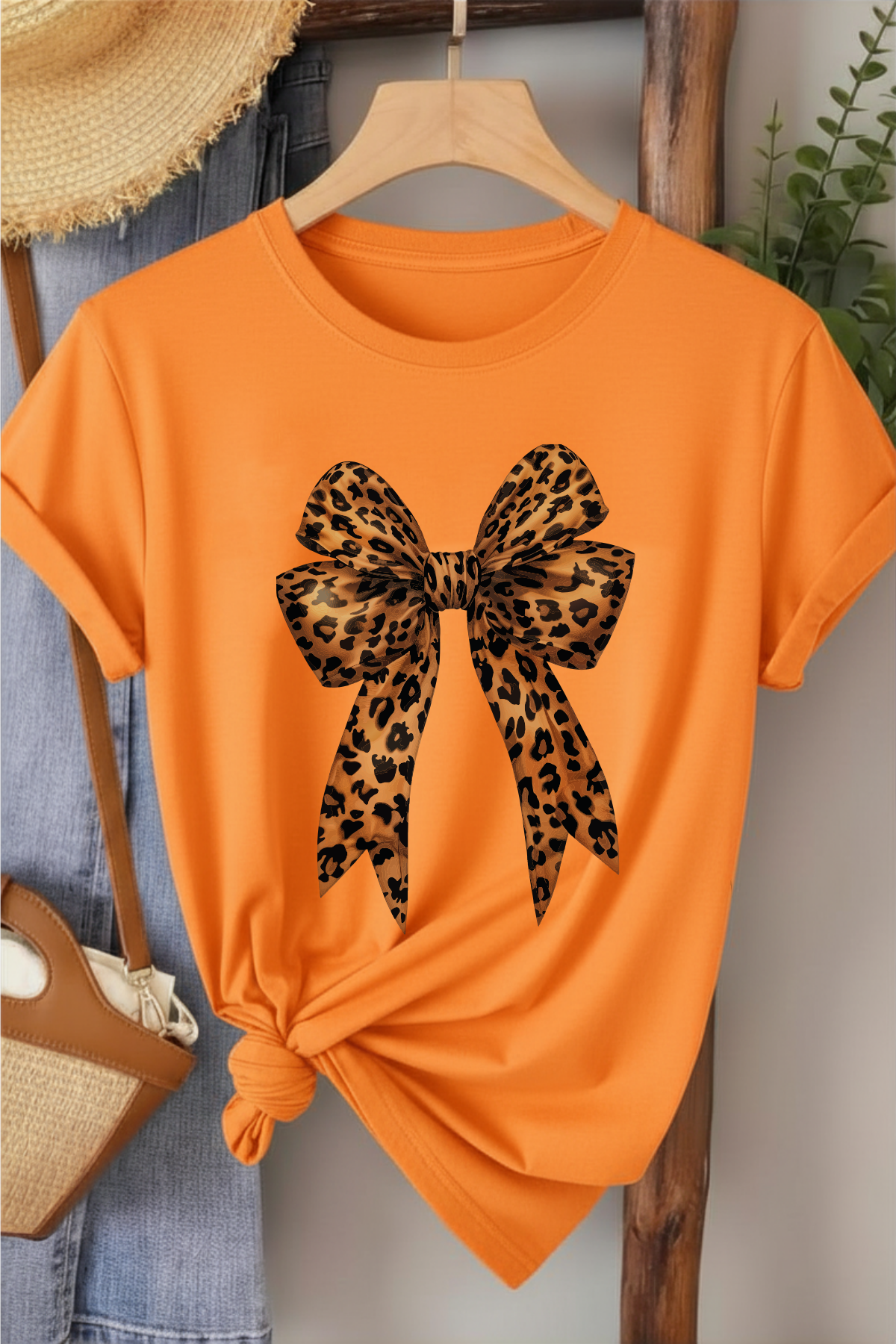 Leopar Kurdele - Turuncu Baskılı Pamuk T-shirt