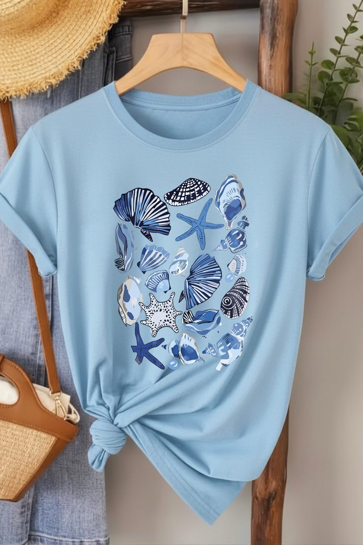 Deniz Kabukları - Bebe Mavisi Baskılı Pamuk T-shirt