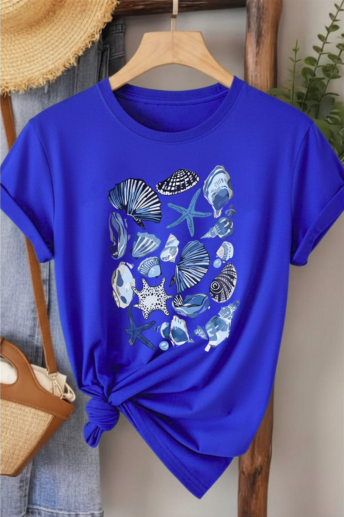 Deniz Kabukları - Saks Mavisi Baskılı Pamuk T-shirt
