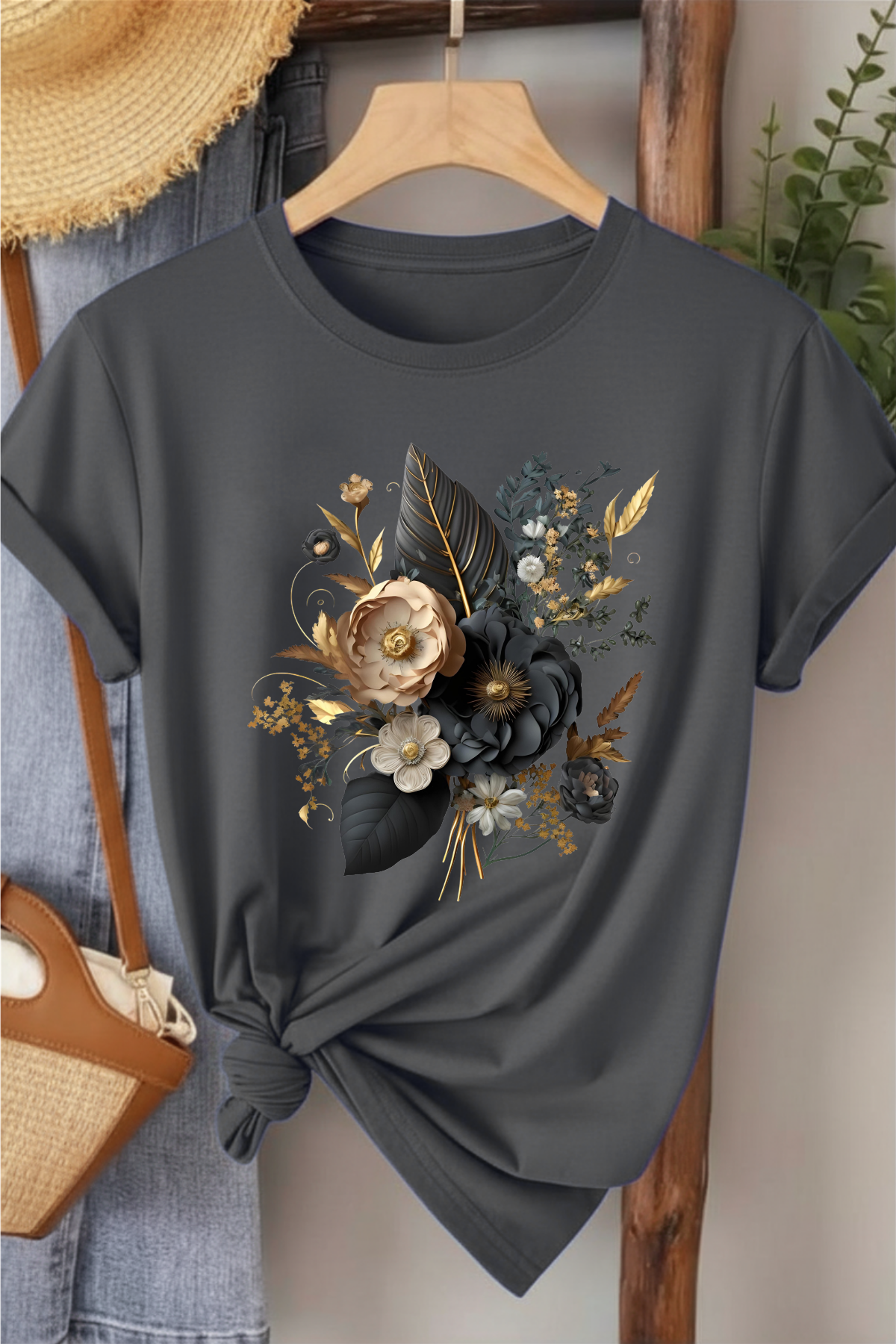Siyah Çiçek Buketi - Gri Baskılı Pamuk T-shirt