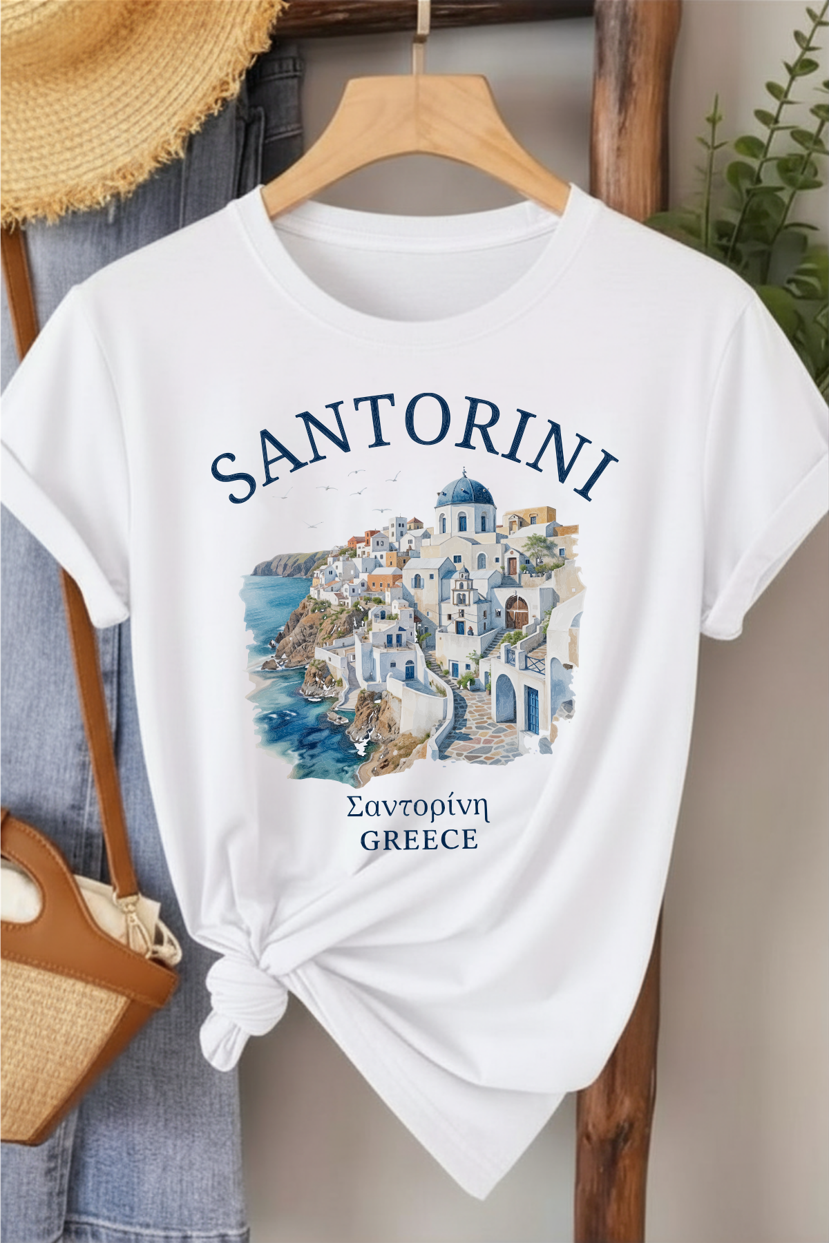 Santorini - Beyaz Baskılı Pamuk T-shirt