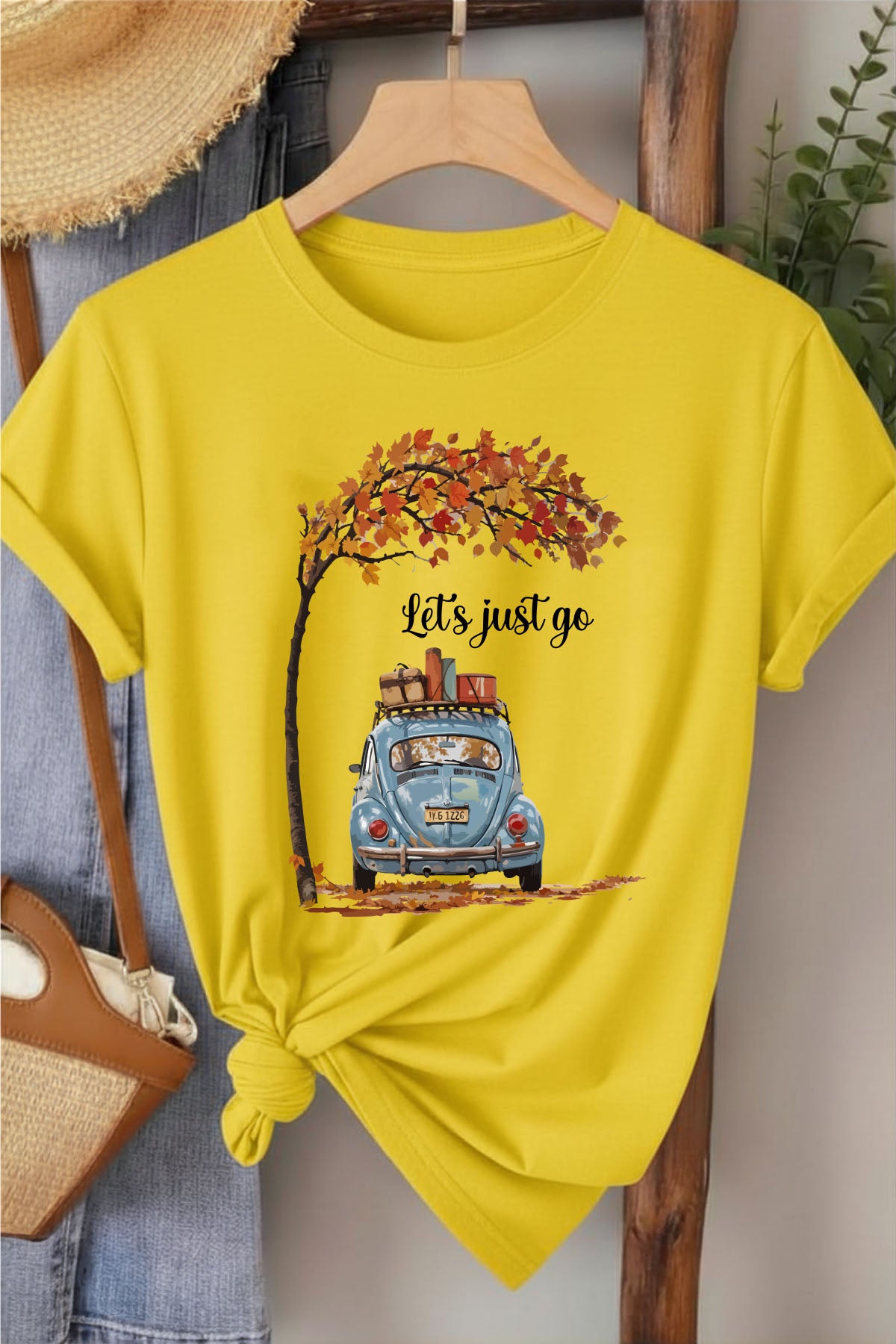 Let's Just Go - Sarı Baskılı Pamuk T-shirt