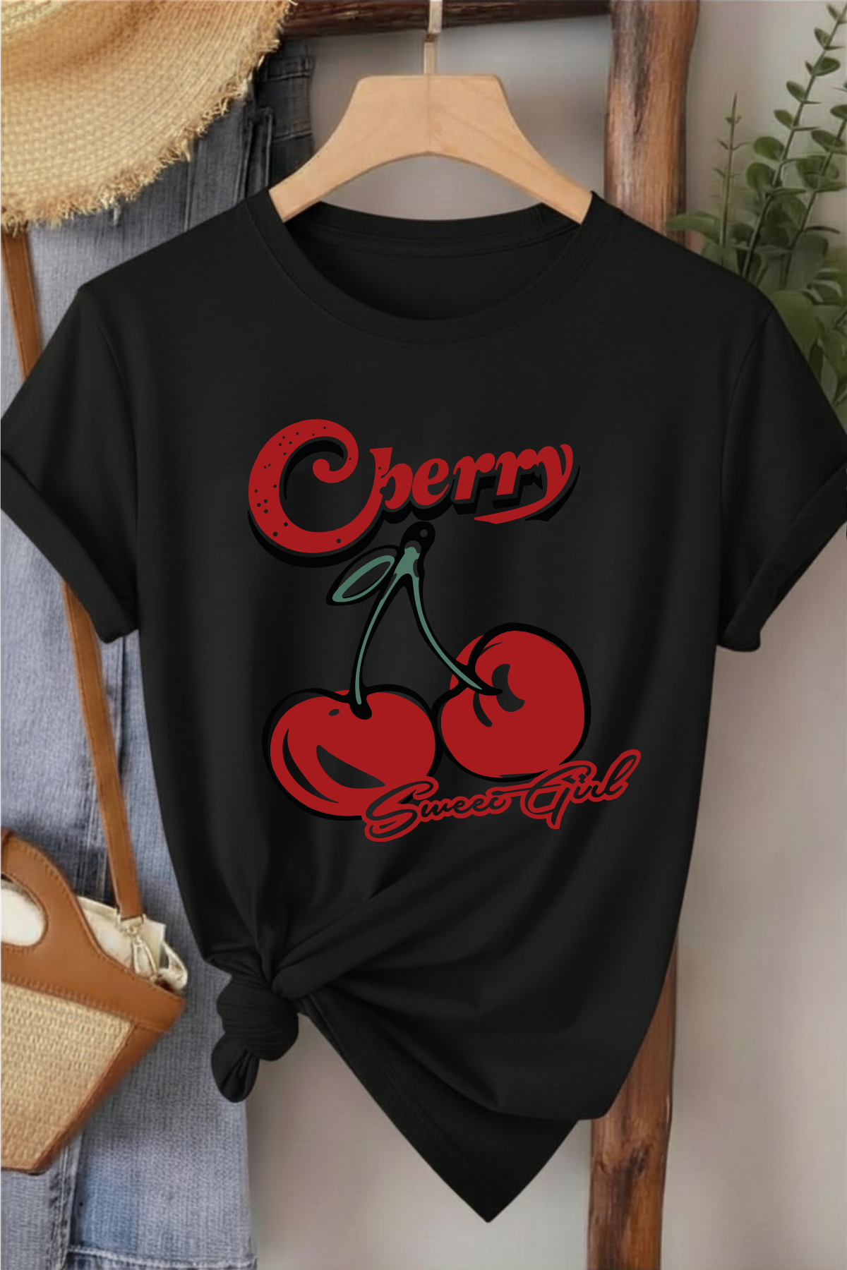 Cherry Sweat Girl - Siyah Baskılı Pamuk T-shirt