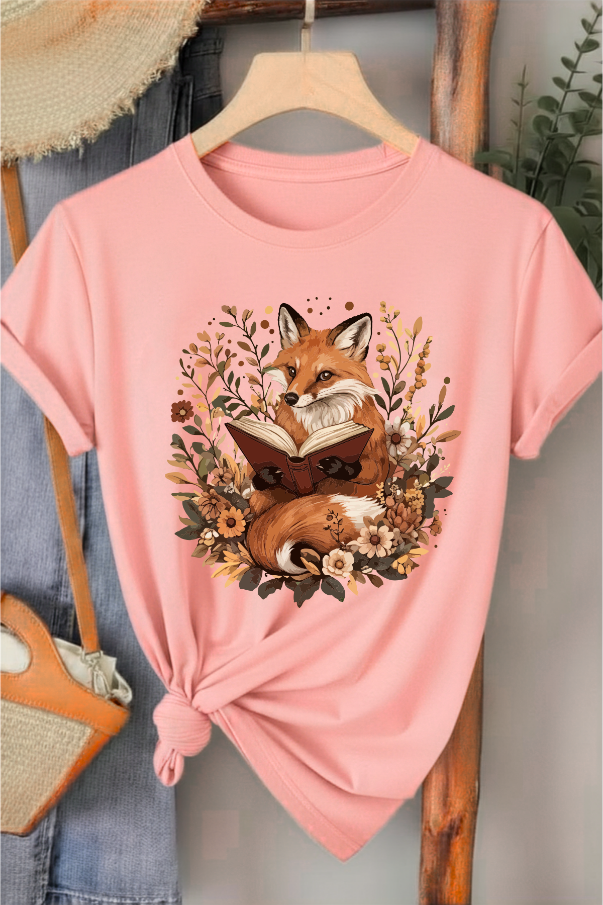Tilki & Kitap - Pembe Baskılı Pamuk T-shirt