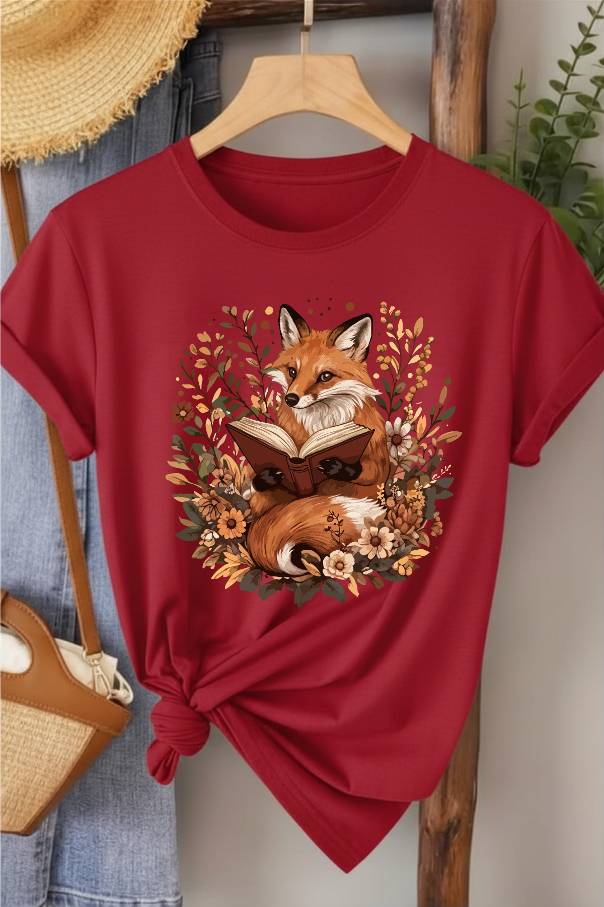 Tilki & Kitap - Kırmızı Baskılı Pamuk T-shirt