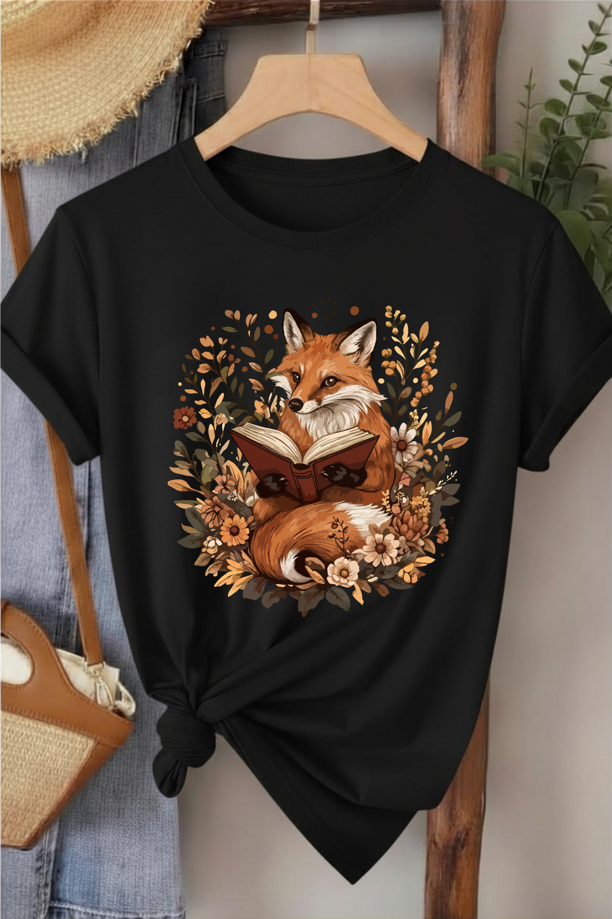 Tilki & Kitap - Siyah Baskılı Pamuk T-shirt