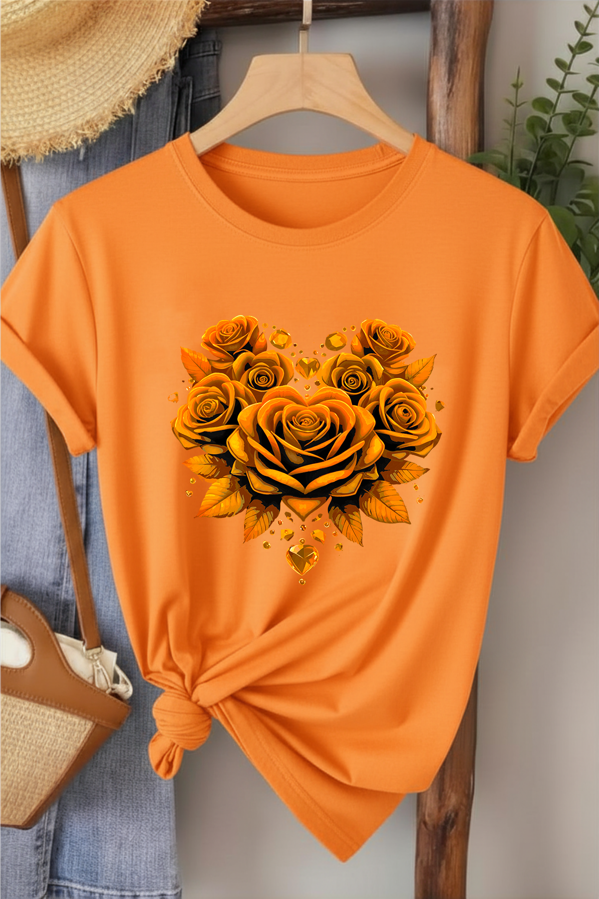 Gül Ana Renk Uyumlu - Turuncu Baskılı Pamuk T-shirt