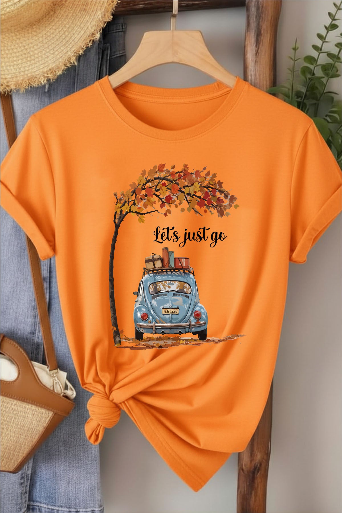 Let's Just Go - Turuncu Baskılı Pamuk T-shirt