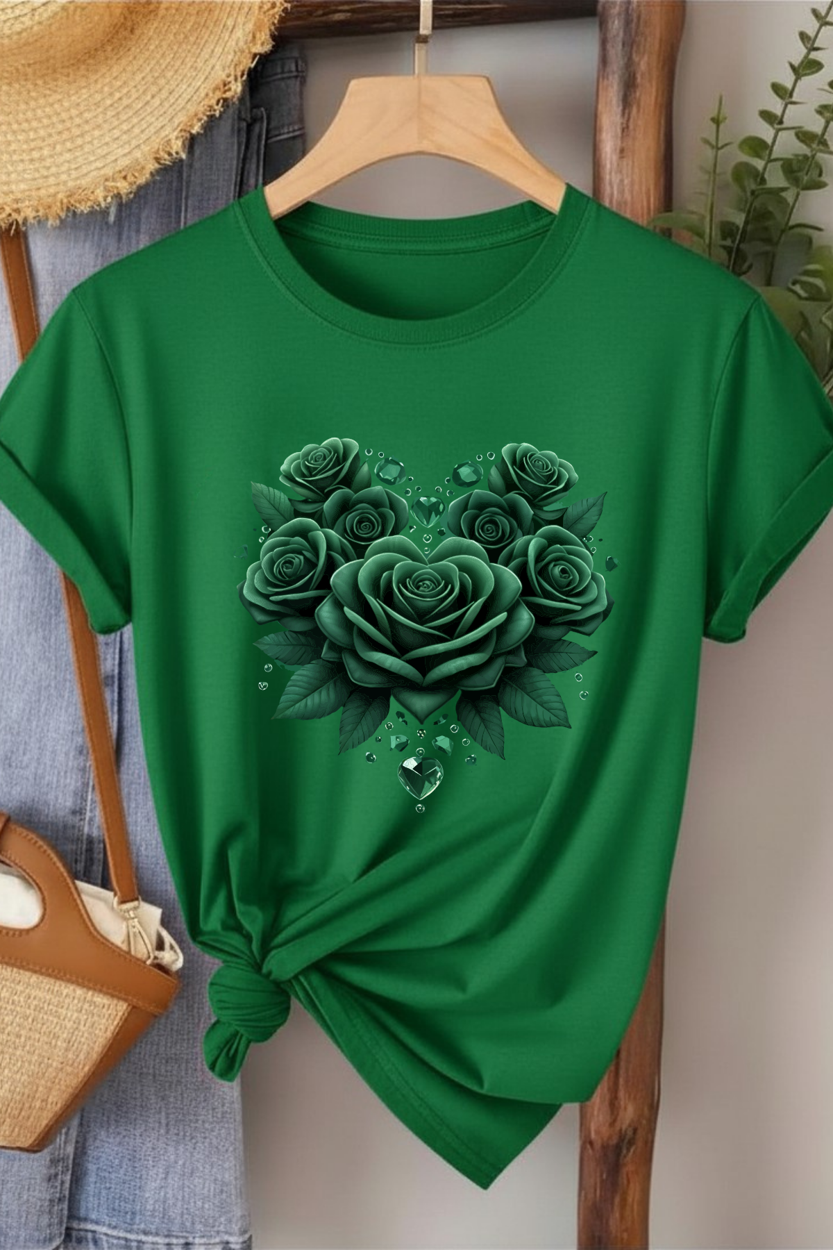 Gül Ana Renk Uyumlu - Yeşil Baskılı Pamuk T-shirt