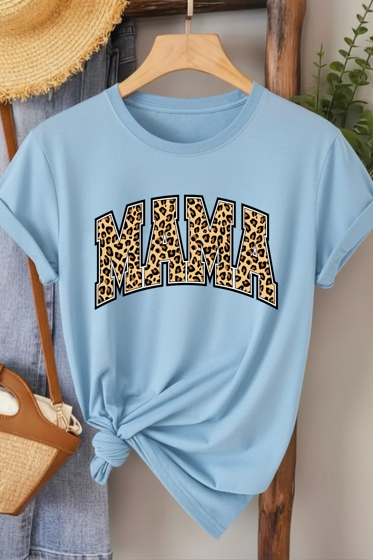 Leopar Mama - Bebe Mavisi Baskılı Pamuk T-shirt