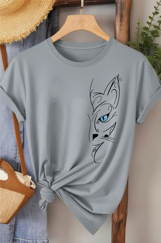 Mavi Gözlü Kedi - Gri Baskılı Pamuk T-shirt