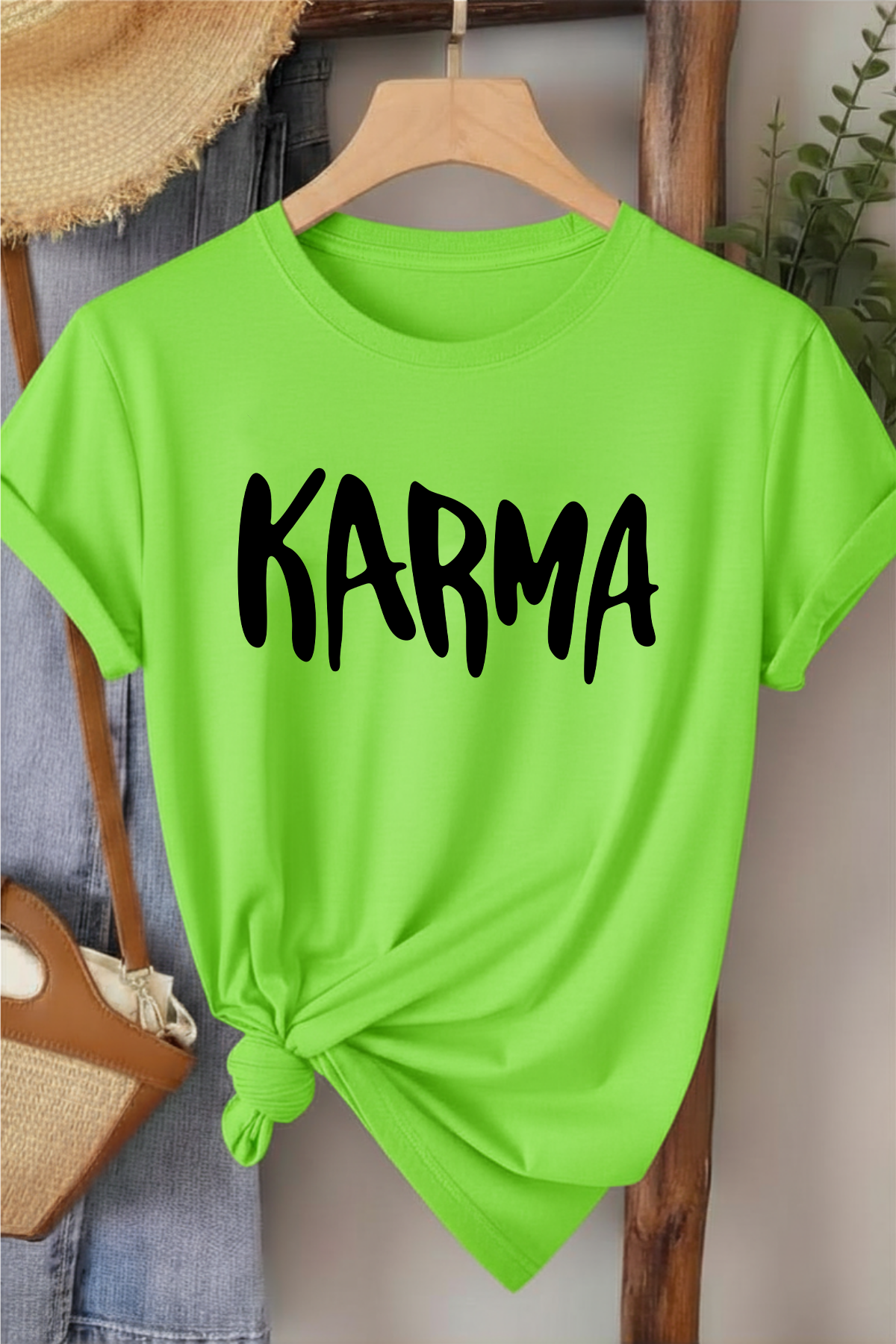 Karma - Yeşil Neon Baskılı Pamuk T-shirt