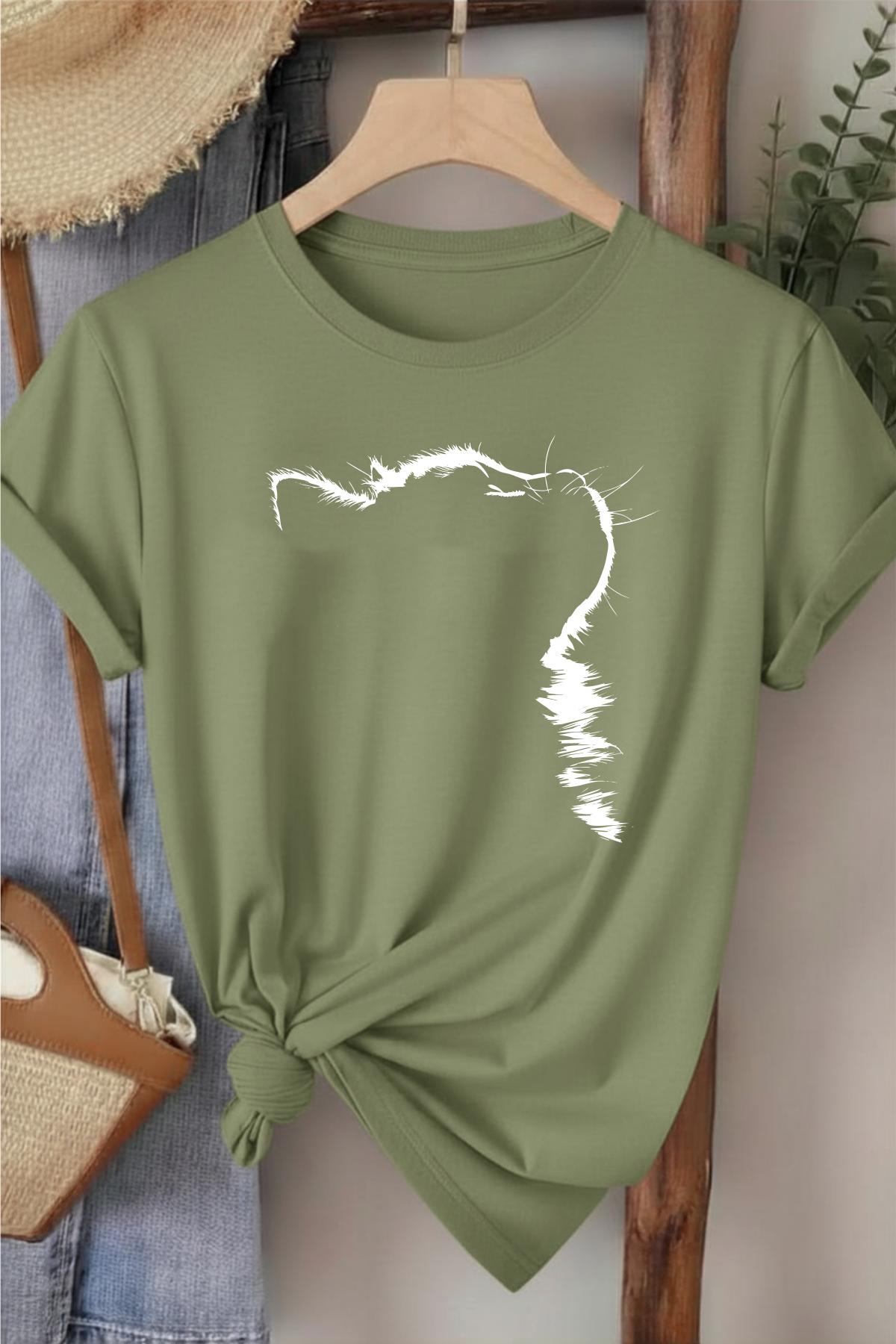 Kedi Profil - Haki Yeşili Baskılı Pamuk T-shirt