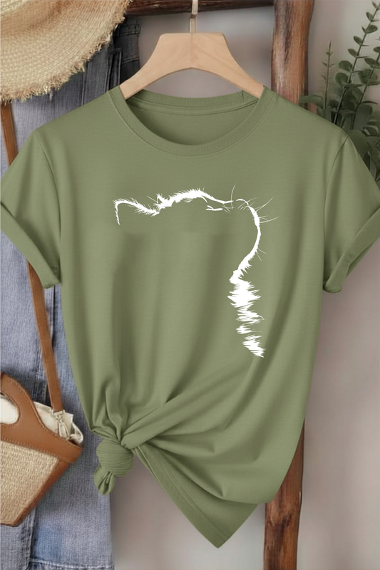 Kedi Profil - Haki Yeşili Baskılı Pamuk T-shirt
