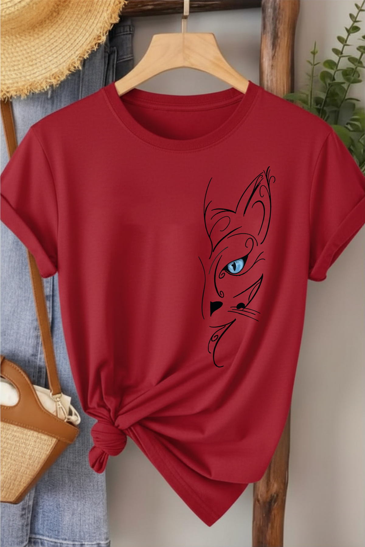 Mavi Gözlü Kedi - Kırmızı Baskılı Pamuk T-shirt
