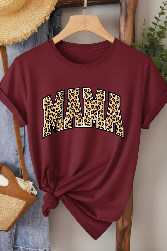 Leopar Mama - Bordo Baskılı Pamuk T-shirt