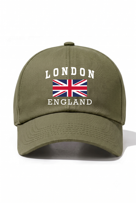 London England Baskılı Pamuk Şapka - Haki