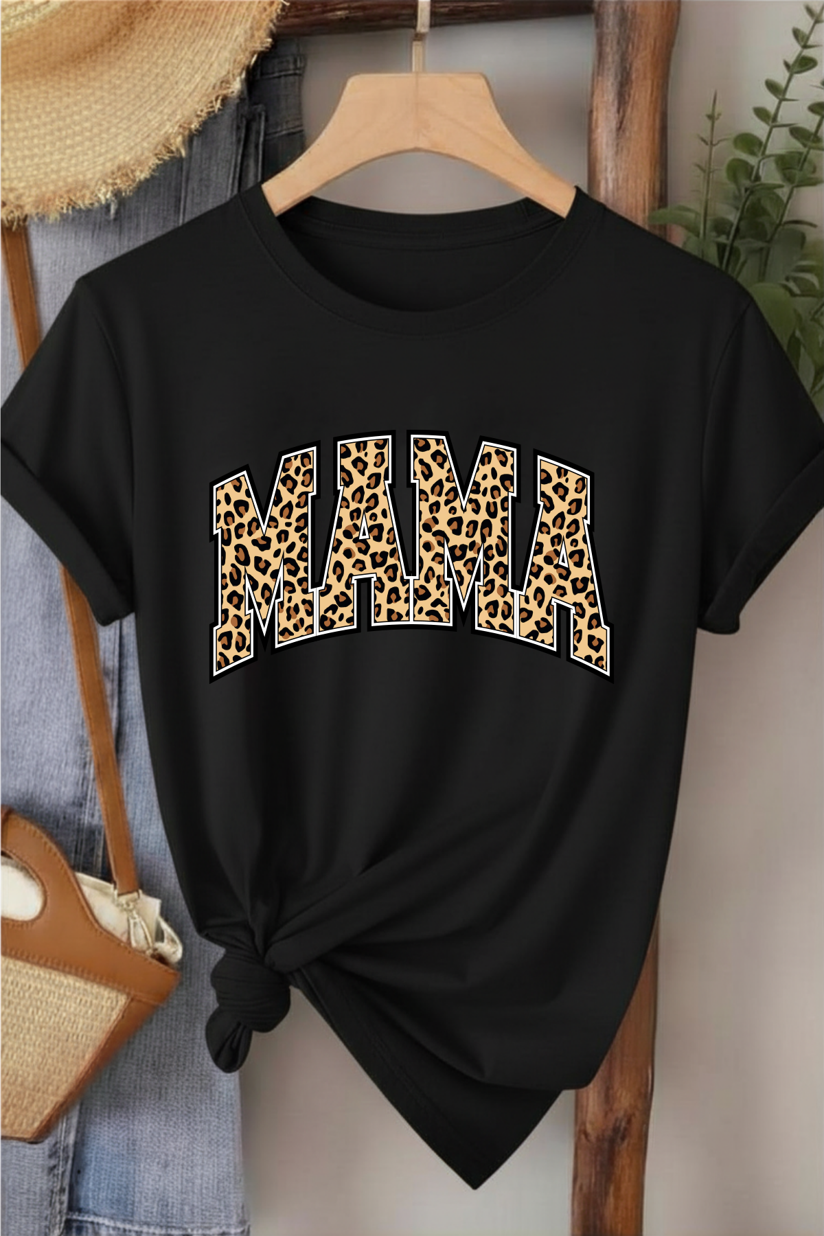 Leopar Mama - Siyah Baskılı Pamuk T-shirt