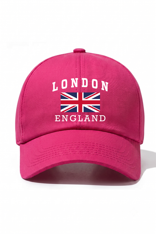 London England Baskılı Pamuk Şapka - Fuşya