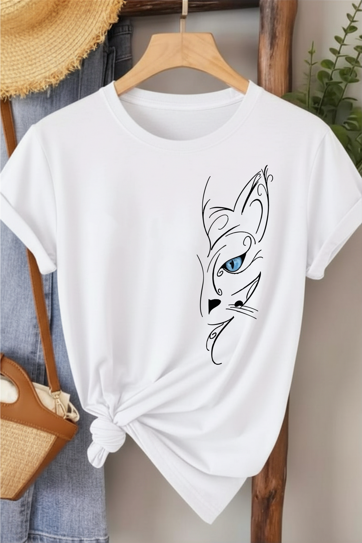 Mavi Gözlü Kedi - Beyaz Baskılı Pamuk T-shirt