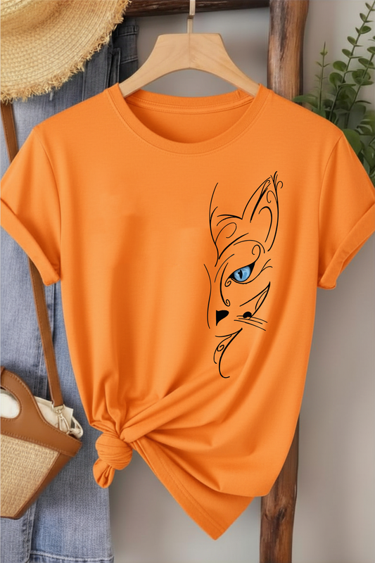 Mavi Gözlü Kedi - Turuncu Baskılı Pamuk T-shirt
