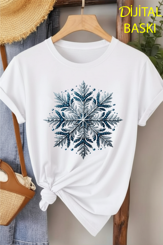 Buz Kristali - Beyaz Baskılı Pamuk T-shirt