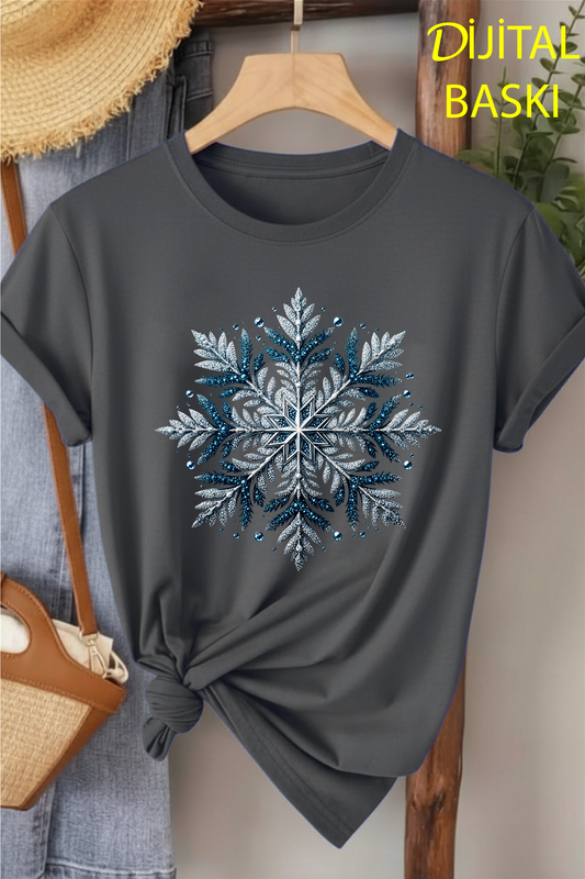 Buz Kristali - Füme Baskılı Pamuk T-shirt
