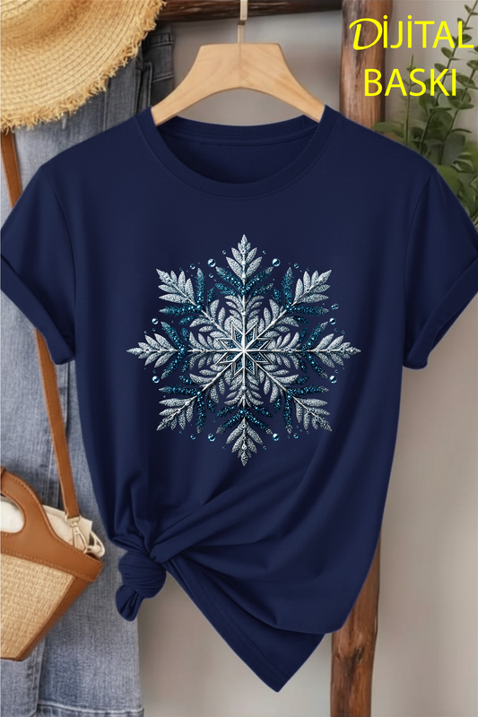Buz Kristali - Lacivert Baskılı Pamuk T-shirt