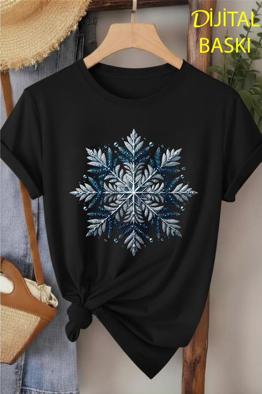 Buz Kristali - Siyah Baskılı Pamuk T-shirt