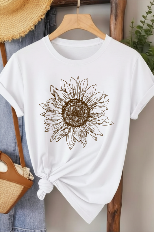 Ayçiçeği  - Beyaz Baskılı Pamuk T-shirt