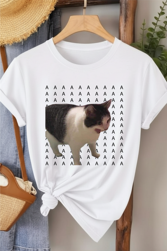 AAAA Kedi - Beyaz Baskılı Pamuk T-shirt