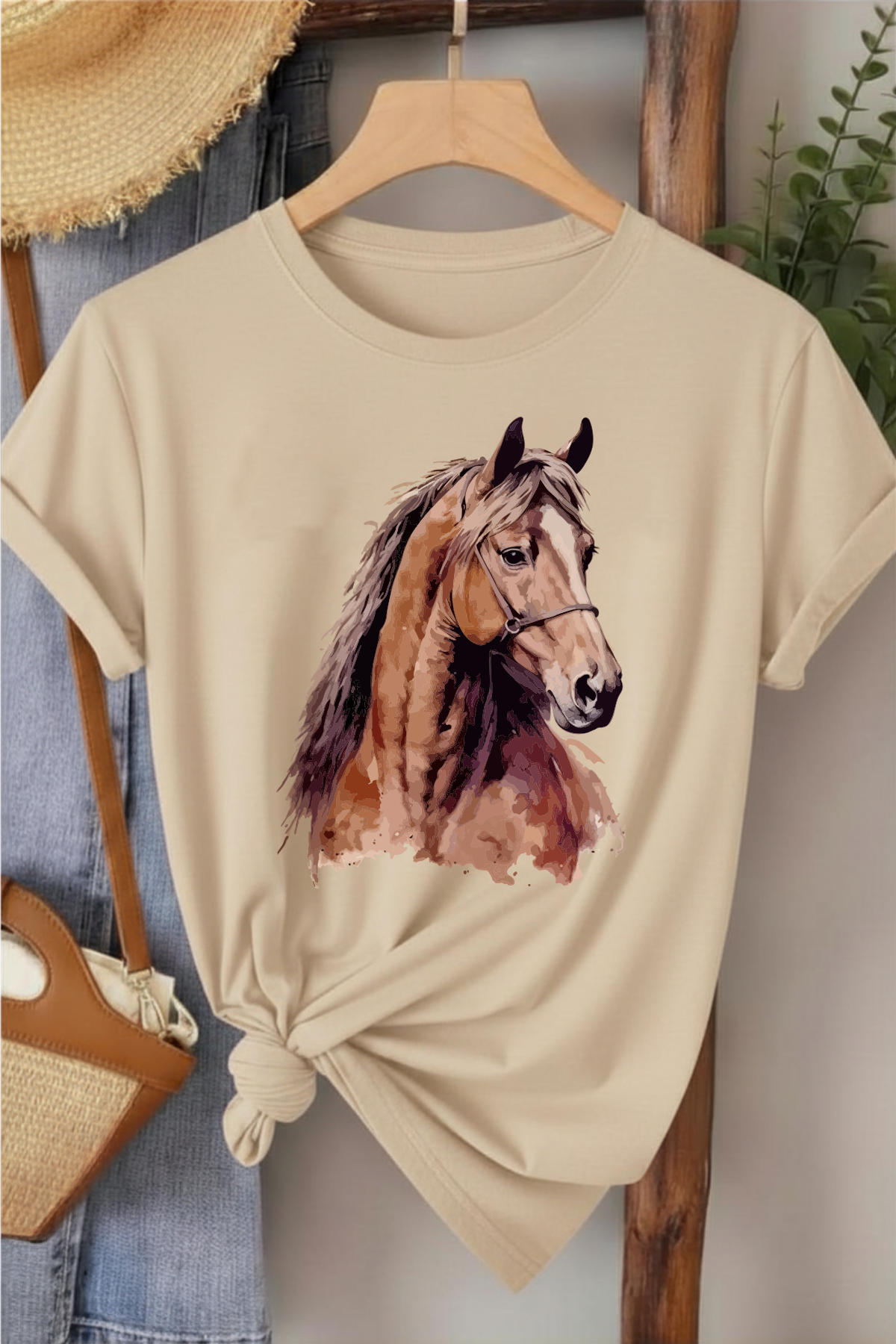 At Portresi - Bej Baskılı Pamuk T-shirt