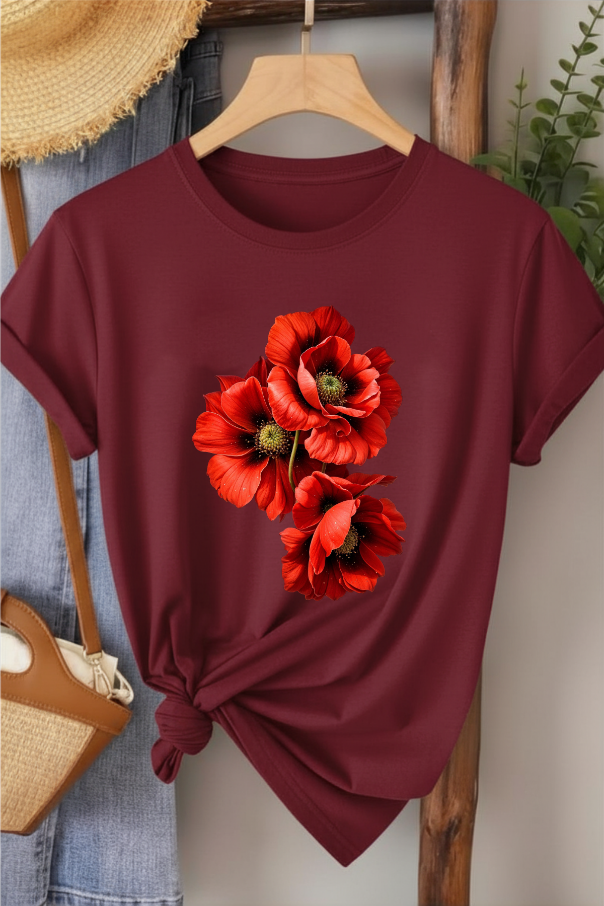 Üçlü Gelincik - Bordo Baskılı Pamuk T-shirt