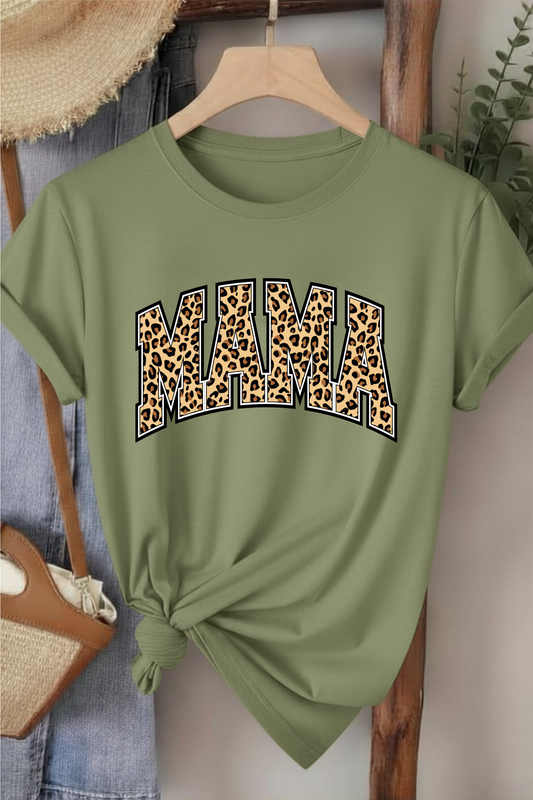 Leopar Mama - Haki Yeşili Baskılı Pamuk T-shirt