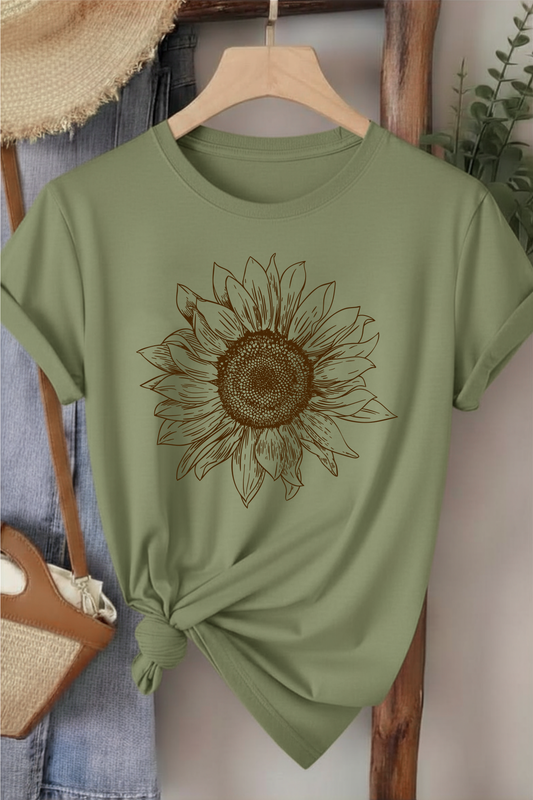 Ayçiçeği  - Haki Yeşili Baskılı Pamuk T-shirt