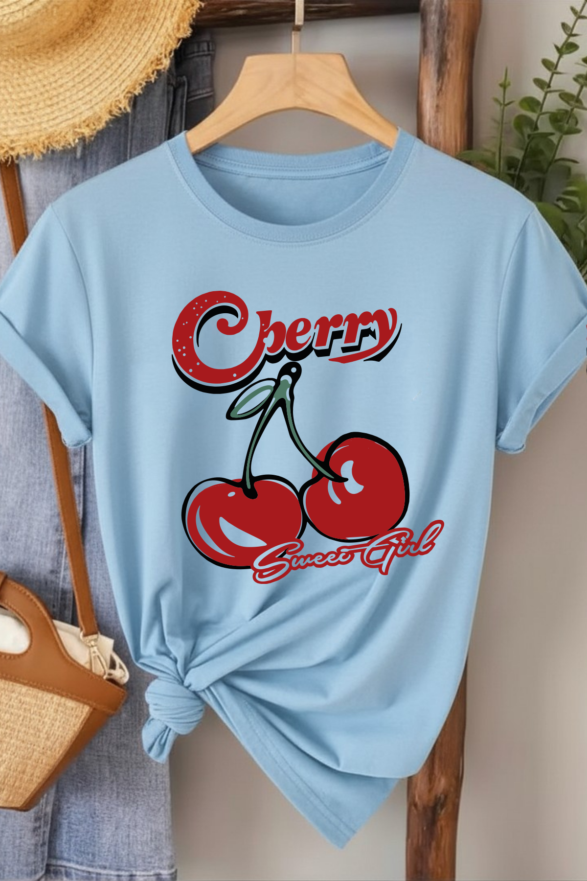 Cherry Sweat Girl - Mavi Baskılı Pamuk T-shirt