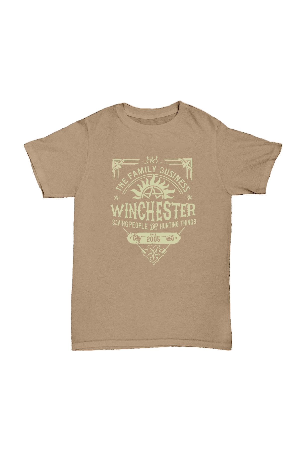 Supernatural - Winchester Bros. Bej Baskılı Pamuk T-shirt