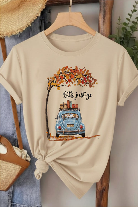 Let's Just Go - Bej Baskılı Pamuk T-shirt