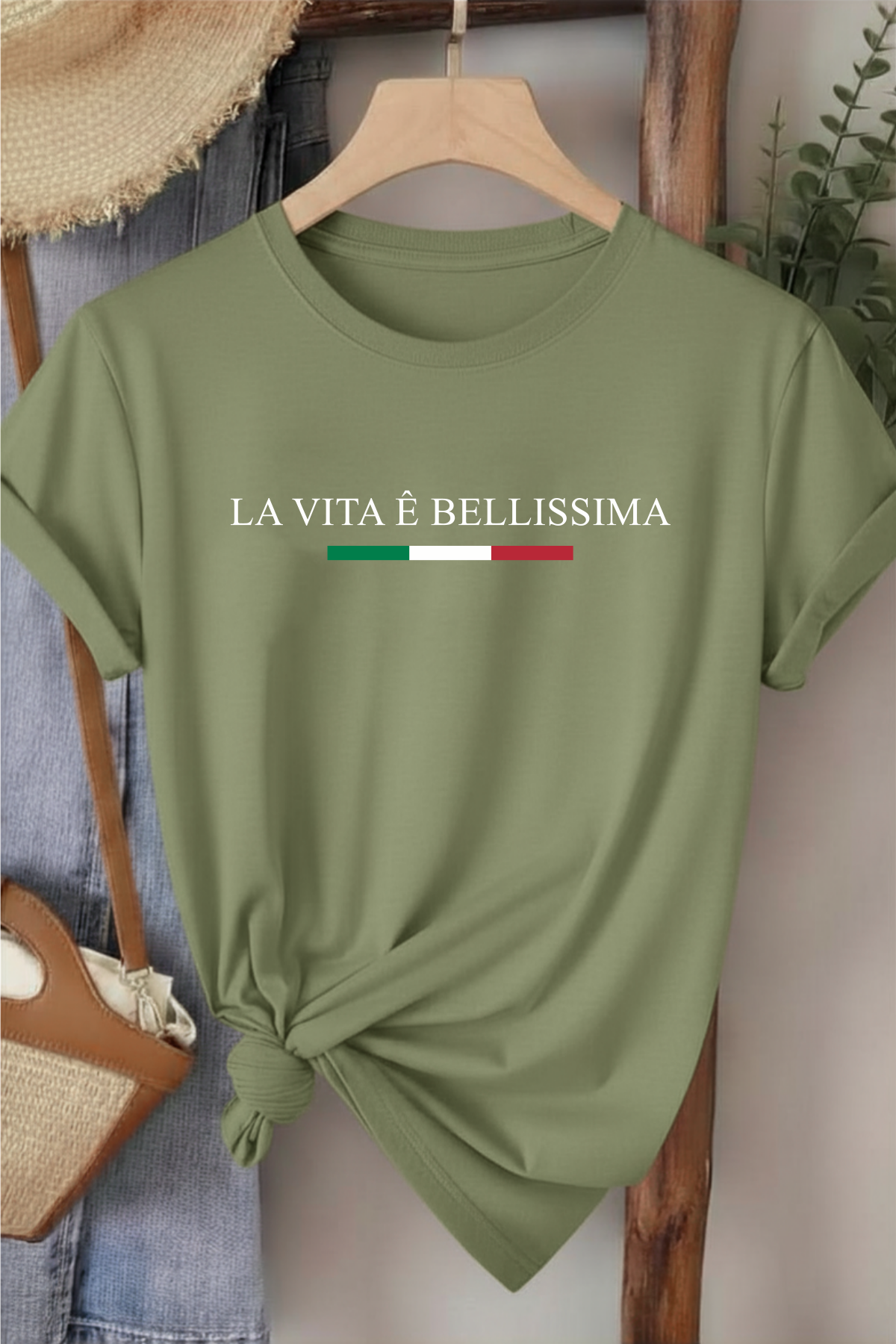 La Vita Bellissima - Haki Yeşili Baskılı Pamuk T-shirt