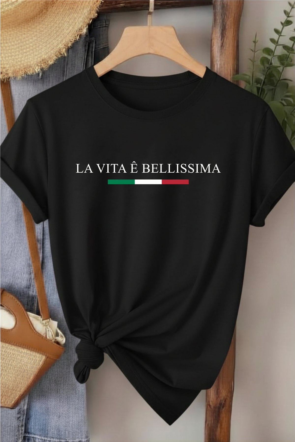 La Vita Bellissima - Siyah Baskılı Pamuk T-shirt