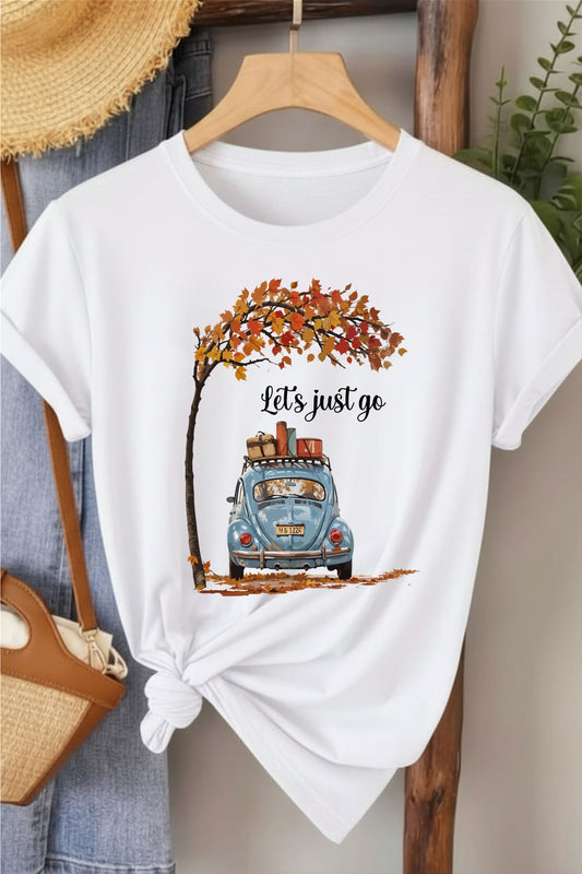 Let's Just Go - Beyaz Baskılı Pamuk T-shirt