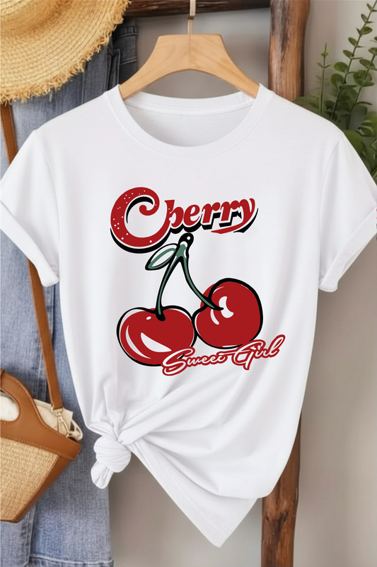 Cherry Sweat Girl - Beyaz Baskılı Pamuk T-shirt