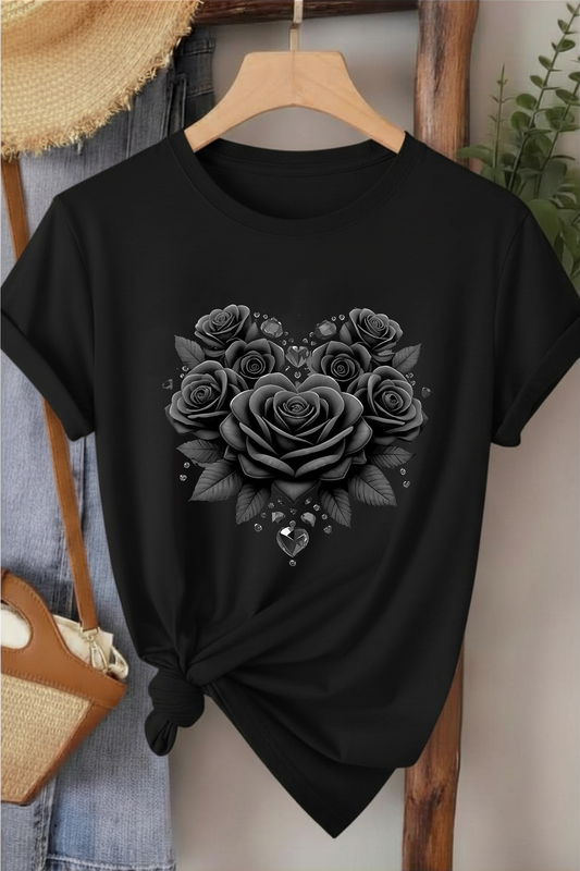 Gül Ana Renk Uyumlu - Siyah Baskılı Pamuk T-shirt