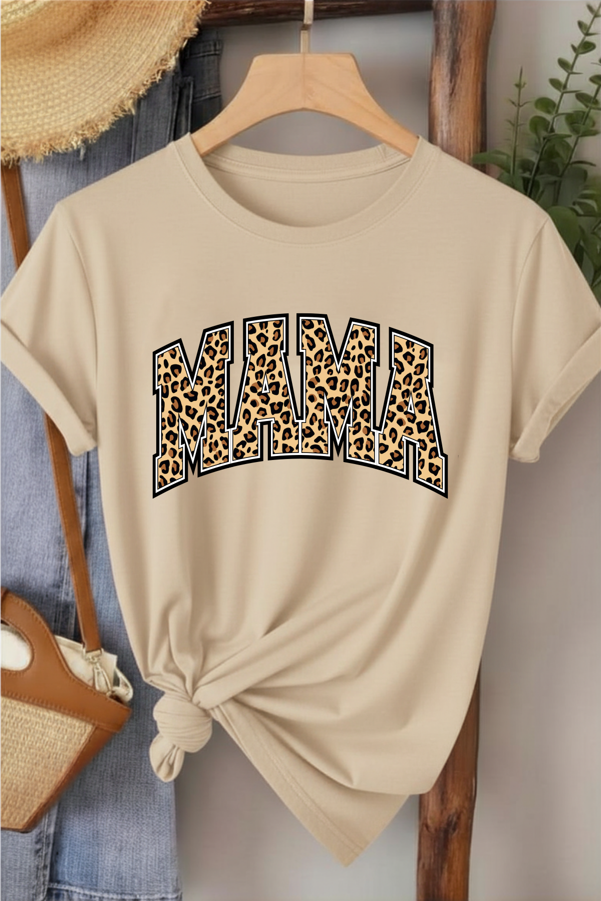 Leopar Mama - Bej Baskılı Pamuk T-shirt