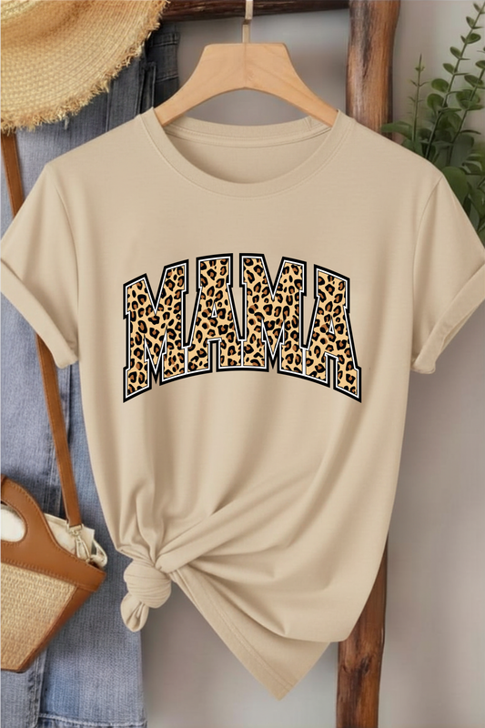 Leopar Mama - Bej Baskılı Pamuk T-shirt