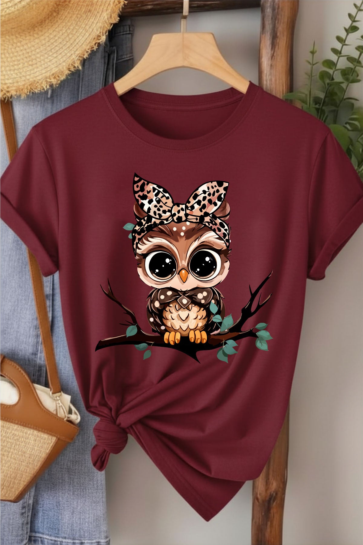 Leopar Kurdeleli Baykuş - Bordo Baskılı Pamuk T-shirt