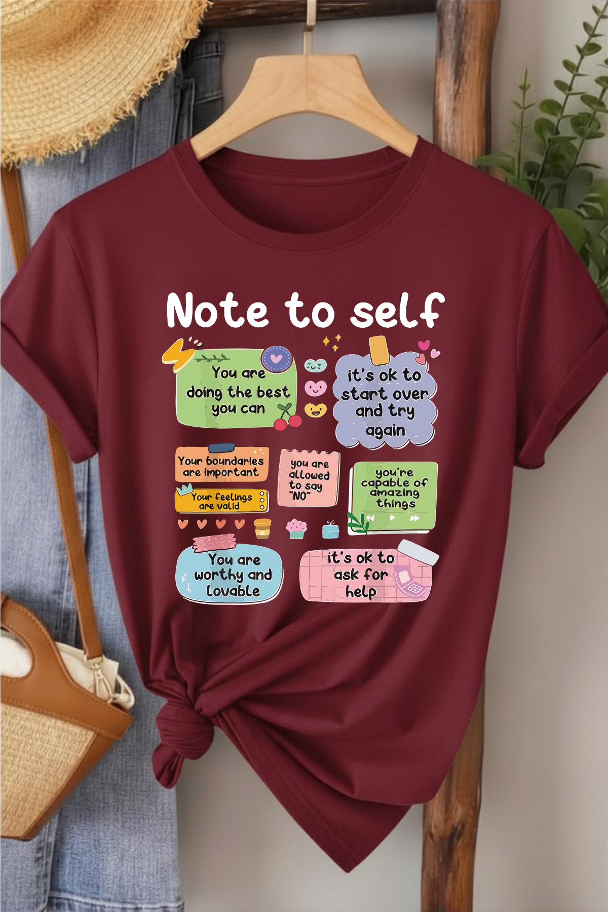 Note To Self  - Bordo Baskılı Pamuk T-shirt