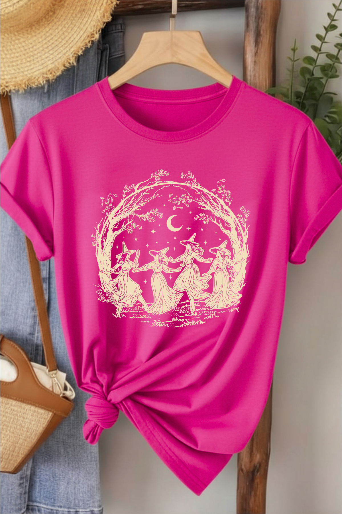 Cadılar Birliği - Fuşya Baskılı Pamuk T-shirt