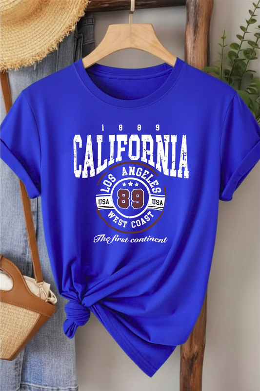 California 89 - Saks Mavisi Baskılı Pamuk T-shirt